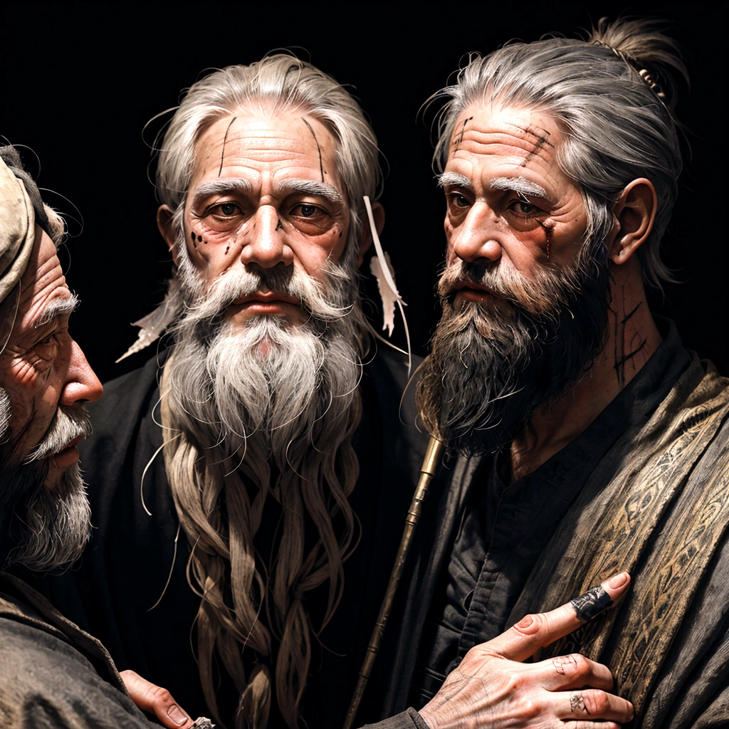 Biblical photo jo old man long beard with wounds on his skin sad talking to three men in front of him