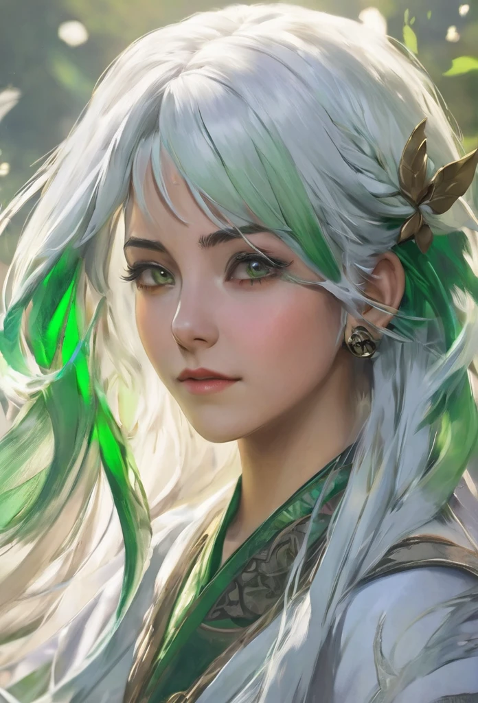 22 years old, female, humanity, white hair with a single group of green hair in front, middle age era, commoner, adventurer, fierce expression