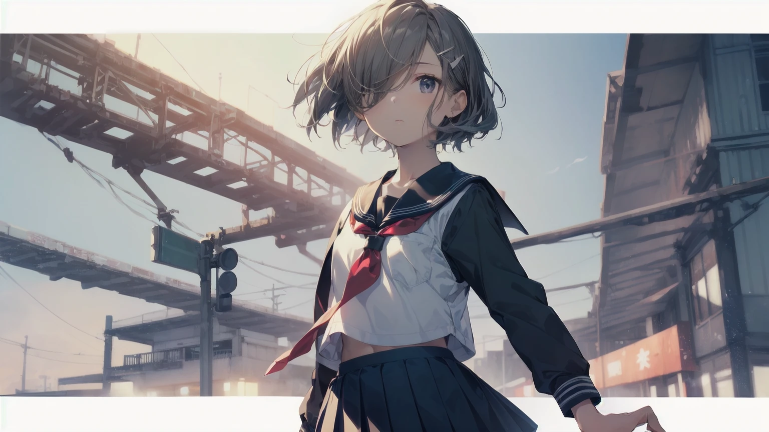 Highest quality, Anime Moe Art Style,Best Anime 8K Konachan Wallpaper,pixiv contest winners,Perfect Anatomy, (Please draw a girl walking sleepily to school...... ),break, 1 Girl, (alone,,,:1.3),high school student, short hair, amount, (Hair above one eye:1.7),All limbs, Full Finger,Medium Chest, Between the legs, Small eyes,accurate black eyes, Hair Clip, (Sailor suit:1.5),(school uniform:1.5) skirt,On the way to school. break,Very detailed,High resolution,ultra high density skin, Professional Lighting,8K eye detail, (Cute illustrations:1.2),hair,Expressionless,(Hair on one eye:1.5),Sailor suit