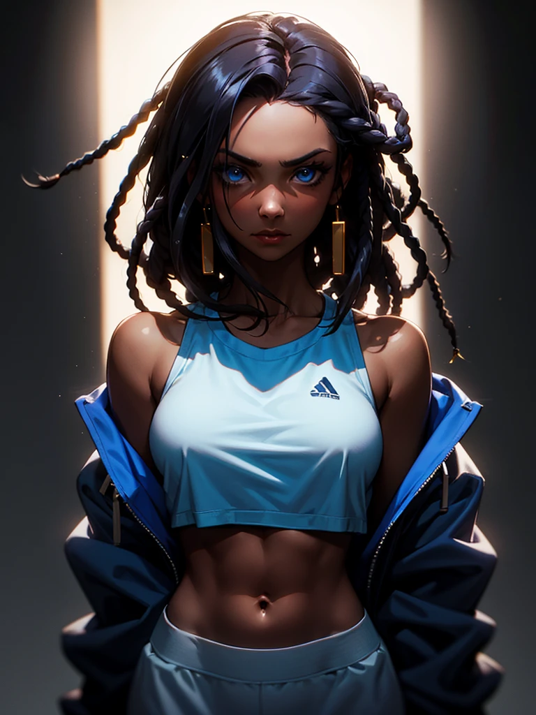 ((Portrait Photo)), She has an Athletic and Slender Appearance, with a Strong Build, Dark Skin and Relaxed Aura. She Expresses a Calm and Indifferent Look, Giving Off a Composed and Unfazed Attitude. She has Deep Blue Eyes, and Her Hair is Long and Black, with Dreadlocks Falling Over Her Forehead. She Wears an Open White Jacket, with a Sports Tank Top, Revealing Her Midriff. ((Portrait Photo, HDR, Dark Background))