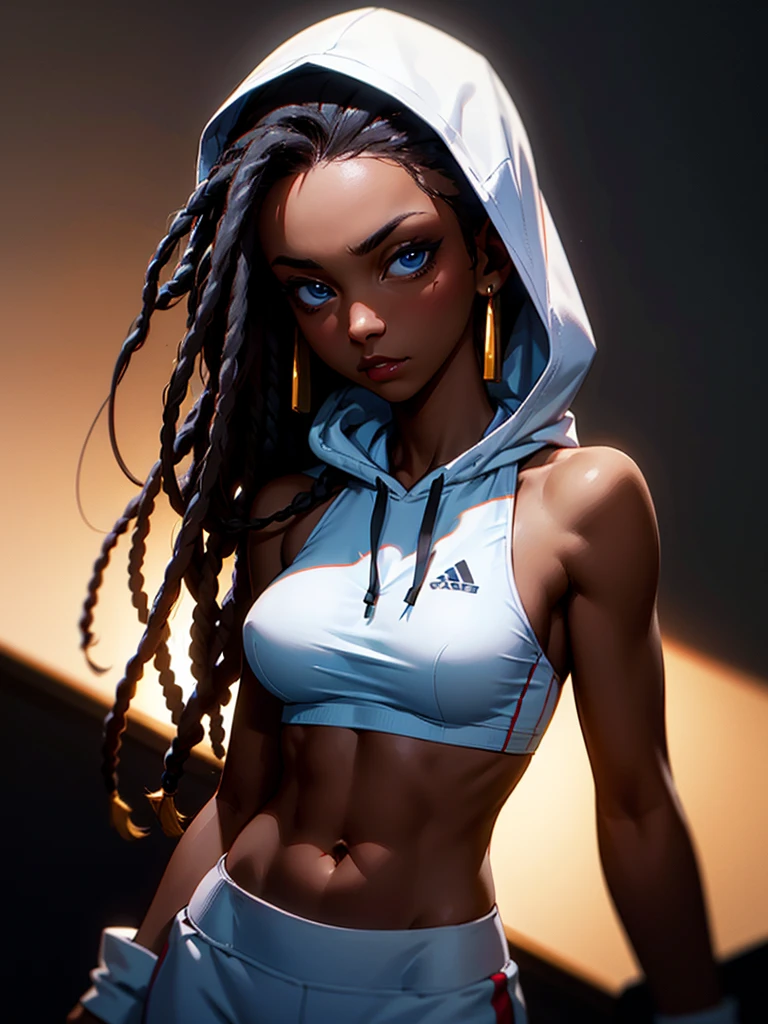 ((Portrait Photo)), She has an Athletic and Slender Appearance, with a Strong Build, Dark Skin and Relaxed Aura. She Expresses a Calm and Indifferent Look, Giving Off a Composed and Unfazed Attitude. She has Deep Blue Eyes, and Her Hair is Long and Black, with Dreadlocks Falling Over Her Forehead. She Wears a Loose, Open White Sweatshirt, with a Sports Tank Top and Hood, Revealing Her Midriff. ((Portrait Photo, HDR, Dark Background))