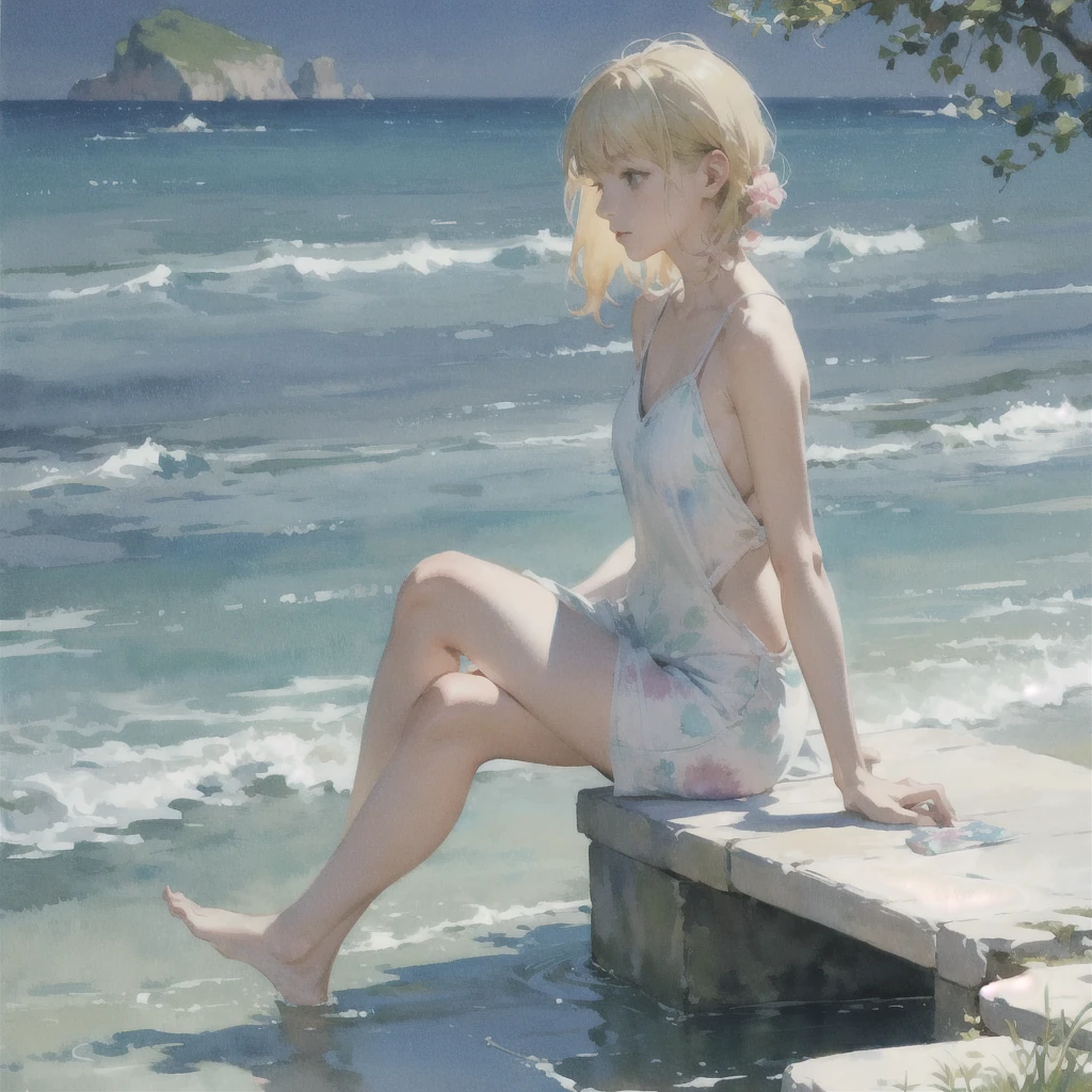 Tranquil voyager girl, in watercolor style, Photorealism, discreet pink and mint shades, barefoot, blonde hair
