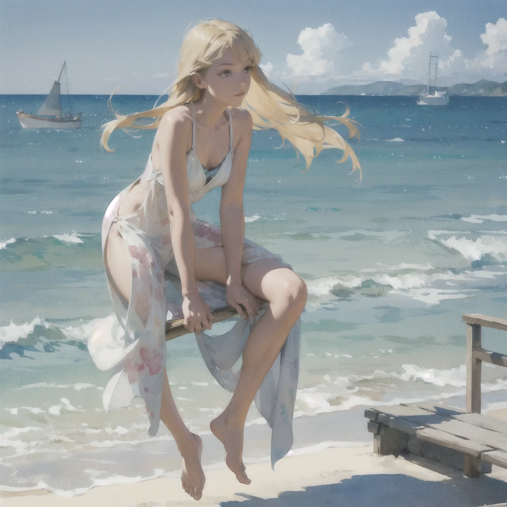 Tranquil voyager girl, in watercolor style, Photorealism, discreet pink and mint shades, barefoot, blonde hair