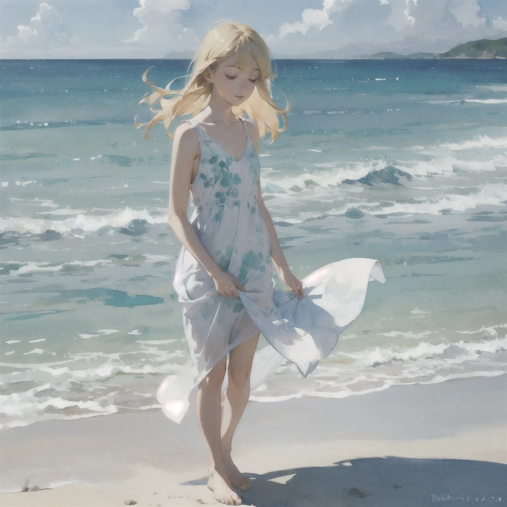 Tranquil voyager girl, in watercolor style, Photorealism, discreet pink and mint shades, barefoot, blonde hair