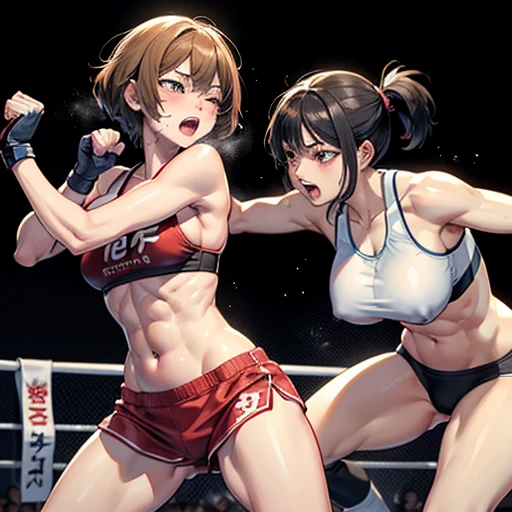 Two injured Japanese sexy female heavy weight mixed martial artists fighting in the ring。Short black hair。Glaring at someone。They are pushing opponent's body by fist so hard each other violently. Drooling from the mouth。One eye closed。Serious expression。A fighting expression。Drenched in sweat。A well-trained body。Six Pack Abs。very huge breasts。Erect nipples。Open Finger Gloves。shortness of breath。sports-bra. bikini.knee high sox. arm cover. Very thick thighs and arms.