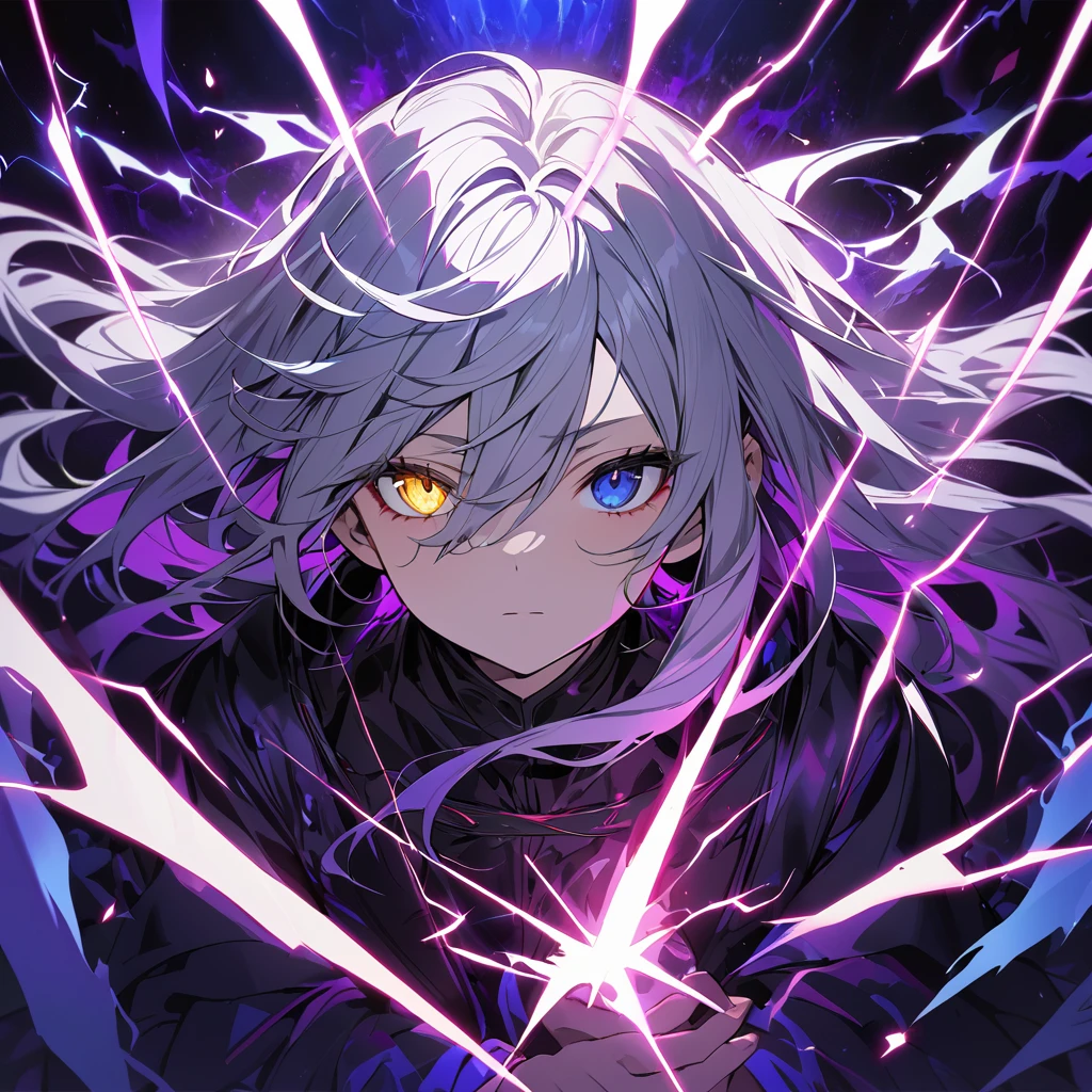 elementary, Shadow Surrounding Girl, lightning, Green Aura, Red aura, Purple aura, Flames surrounding the girl, masterpiece, Dark Theme, Highest quality, Maximum details, Very fine eye, Professional coloring, cinematic lightning, Remaining, Written boundary depth, Backlight, One Girl, Young girl, Silver Hair, Long Hair, Hair between the eyes, Black Halo, Shining blue sea, Blue Flame, Large, black, translucent magical wings on his back, Fantasy-inspired costumes, Black long coat, shirt, Black trousers, Expressionless, Heterochromia iridis, Deep purple left eye, Blue right eye, Odd Eye, Show a close-up of your face, Facing forward, Countless magical swords are floating, Slashing Effects