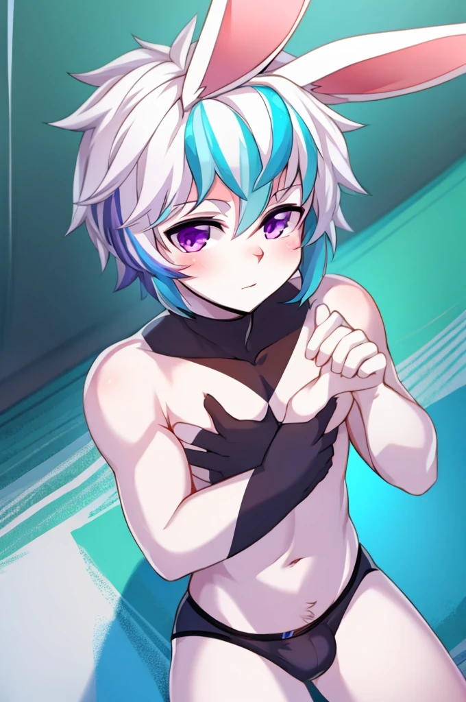 A white-haired bunny femboy boy with blue highlights, fair skin and purple eyes