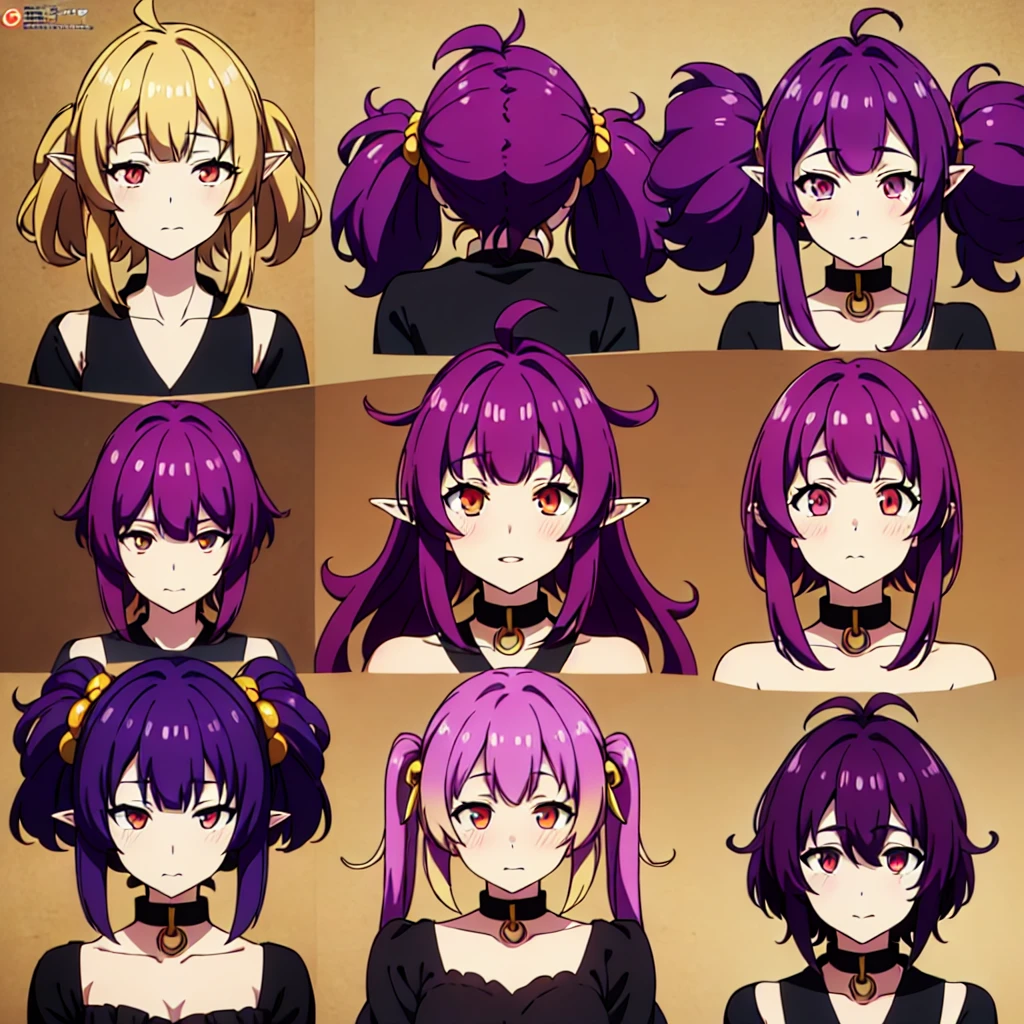 (short:1.4), ((sherry:1.6)), official anime artwork, official artwork, anime moe artstyle, dreamy psychedelic anime, anime wallaper, anime visual of a cute girl, official art, fanart, masterpiece, best quality, high resolution, 8K, 4K, looking at viewer, smile edgYSD, collar, (purple hair:1.4), multiple ahoge, (dark red-gold eyes:1.2), gold eye accent, (hair_ornament:1.4), twin-tails, hair_tie, 1 girl, young female, beautiful nose, beautiful character design, perfect eyes, perfect face, expressive eyes, perfect lighting, shiny skin, nsfw, flushed skin, blushing face, lewd smile, slightly open mouth, gravure, pinup, long thin pointy ears, japanese skin, (solid colors:1.4), lidded eyes, dark red-gold eyes, (sherry), variation, sprite sheet