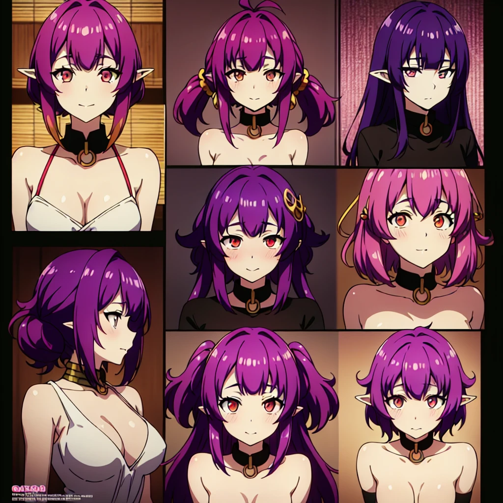 (short:1.4), ((sherry:1.6)), official anime artwork, official artwork, anime moe artstyle, dreamy psychedelic anime, anime wallaper, anime visual of a cute girl, official art, fanart, masterpiece, best quality, high resolution, 8K, 4K, looking at viewer, smile edgYSD, collar, (purple hair:1.4), multiple ahoge, (dark red-gold eyes:1.2), gold eye accent, (hair_ornament:1.4), twin-tails, hair_tie, 1 girl, young female, beautiful nose, beautiful character design, perfect eyes, perfect face, expressive eyes, perfect lighting, shiny skin, nsfw, flushed skin, blushing face, lewd smile, slightly open mouth, gravure, pinup, long thin pointy ears, japanese skin, (solid colors:1.4), lidded eyes, dark red-gold eyes, (sherry), variation, sprite sheet
