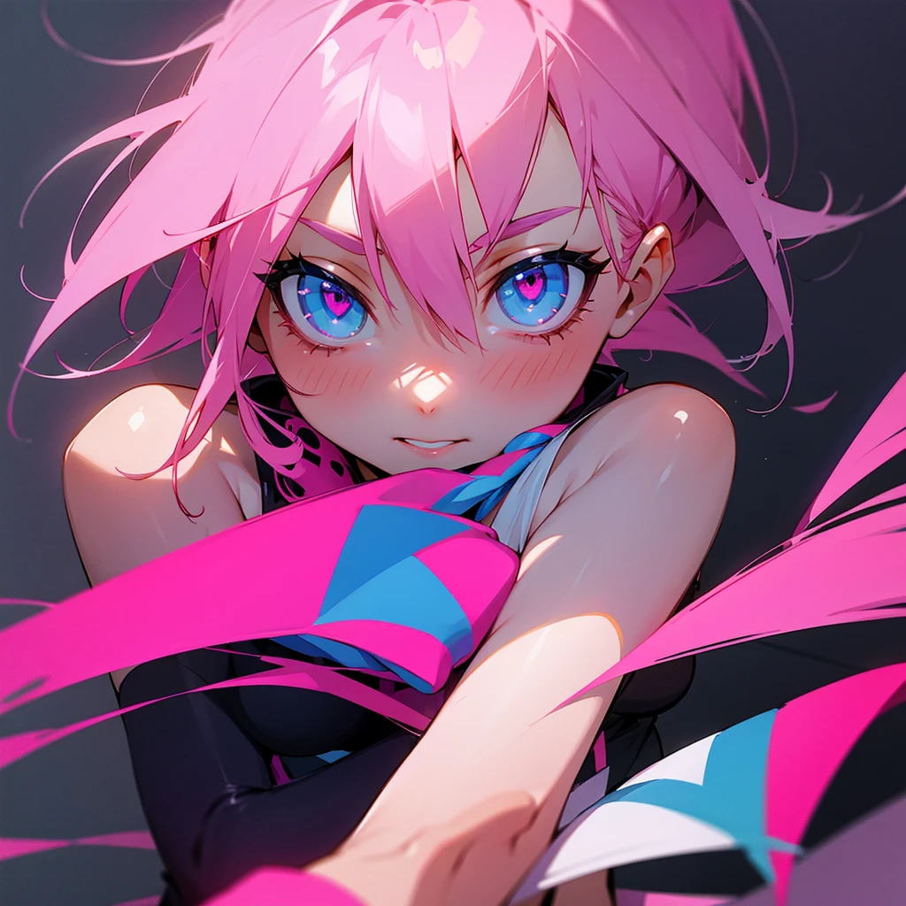 Pink haired blue eyed girl indecent with a Lesbian flag