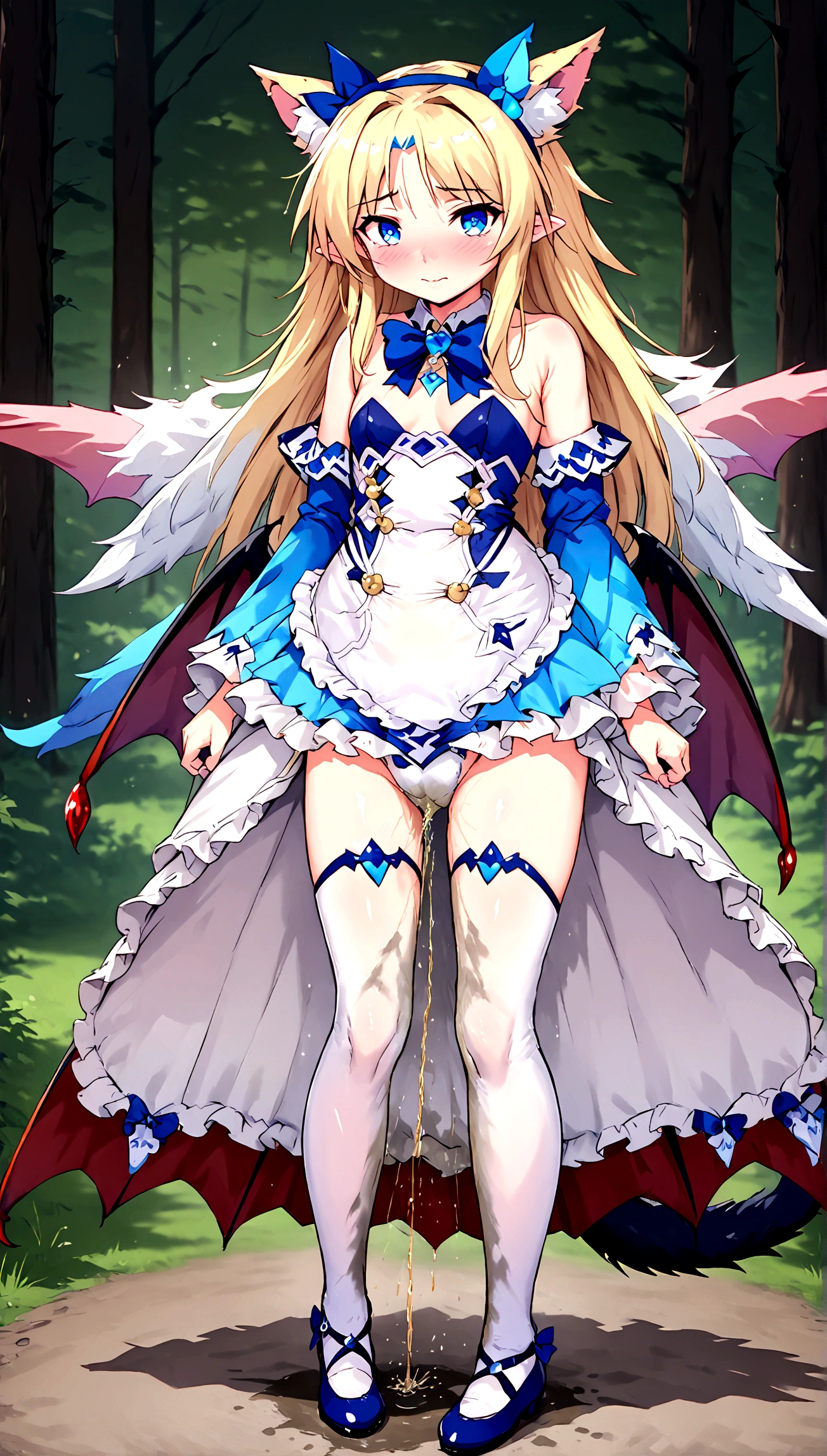 Anime. Monster Girl Encyclopedia. Alice.1 Girl. Lovely girl. . . Baby. Succubus Clumsy. Blonde. Long hair. Blue eyes. Beautiful eyes. Perfect eyes. Expressive eyes. Ideal face. . Small breasts. Flat chest. Pointy ears. Ideal anatomical body. Succubus horns. Wings of a succubus. Succubus tail with a heart tip. Wants to pee. I need to pee. A strong, desperate urge to pee. Diaper. Dirty diaper. She peed herself. Blue and white children's dress from Alice in Wonderland. bows on the horns. White stockings. Shoes. Standing. Standing at full height. Standing in the forest. Standing in the middle of the forest. Beautiful character design. Shiny skin. Full body. nsfw. Scat. Official art. Extremely detailed CG Unity 8k wallpaper. Ideal lighting. Ultra high resolution 4K. Super detailed 8K. A high resolution.