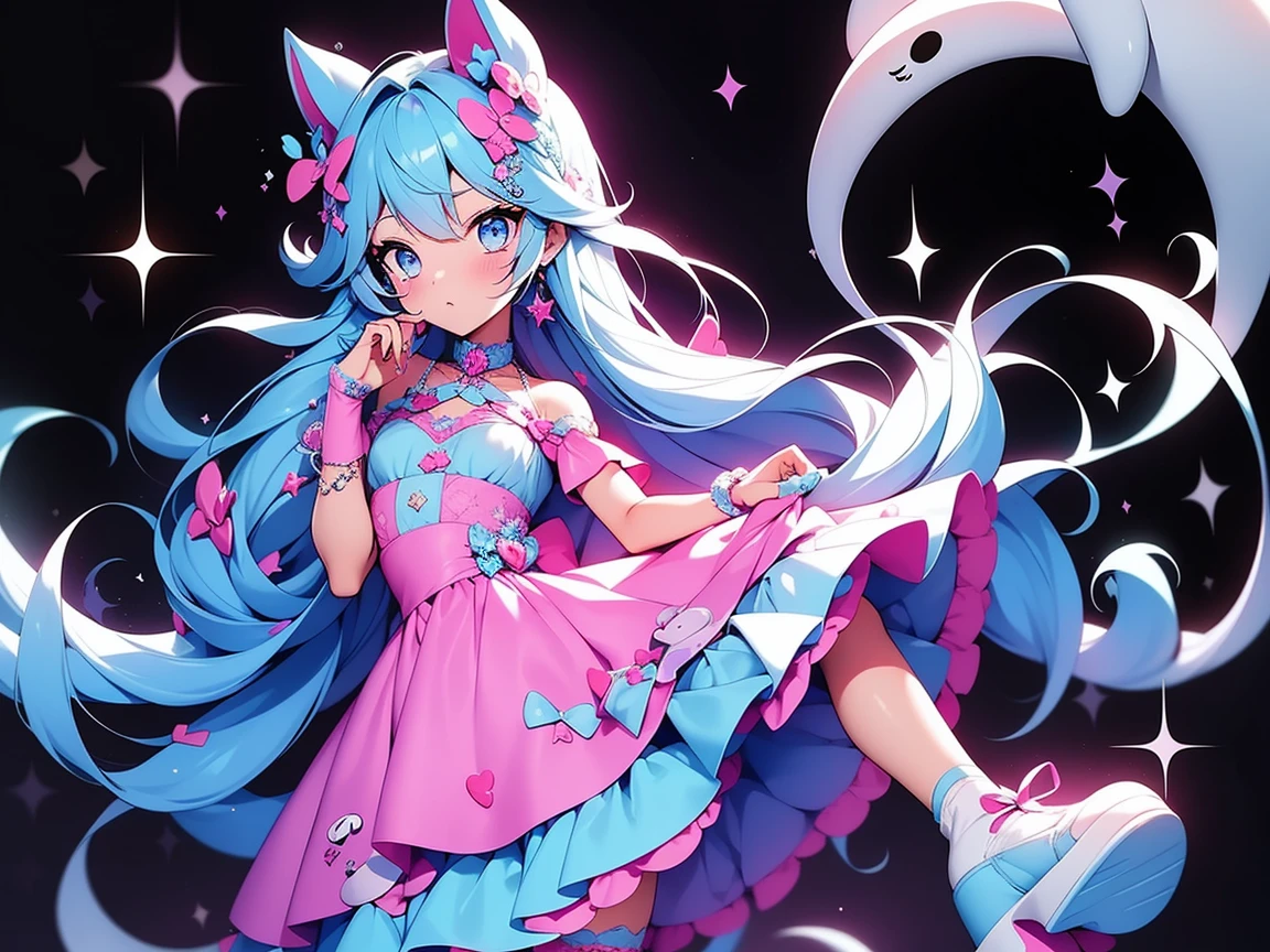 full body, solo, 1girl, Long curly hair is shades of pastel blue, pink, and lavender, sparkling purple eyes, pale skin with a faint, As a ghost slightly transparent appearance, with a gentle, fashion style is a blend of cute and ethereal. She often wears a flowing, pastel-colored dress adorned with lace and ribbons, paired with knee-high socks and cute, ghost-themed accessories. Her outfits are often decorated with small, glowing motifs of stars, monster high outfit style, masterpiece
, Light blue background, Ultra detailed, Detailed drawing, Silhouette, 8K, professional design,