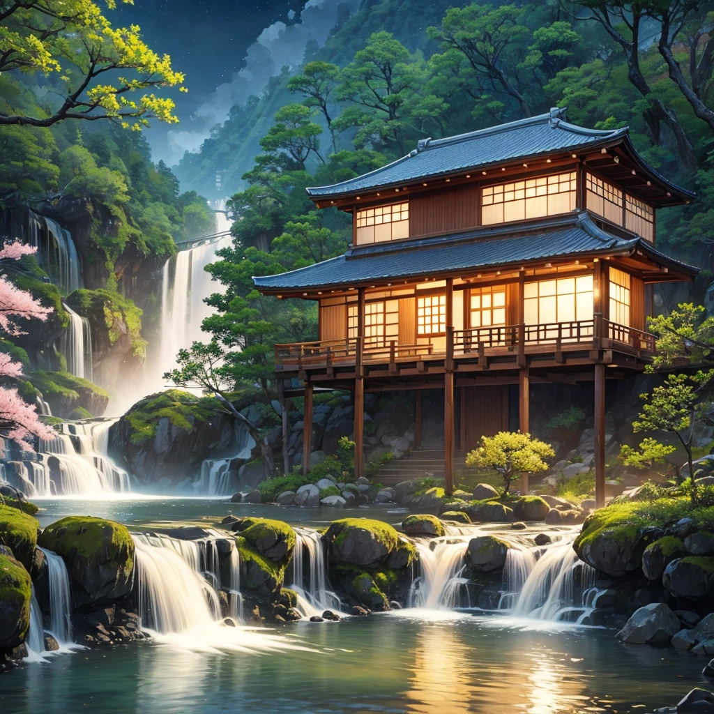 nature, Ultra realistic , night time , Sakura Tree Forest  , big clear water river, waterfall in a distance, small Japan traditional house 