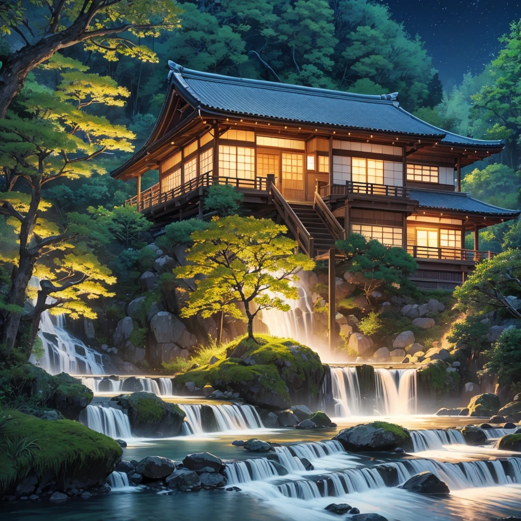 nature, Ultra realistic , night time , Sakura Tree Forest  , big clear water river, waterfall in a distance, small Japan traditional house 