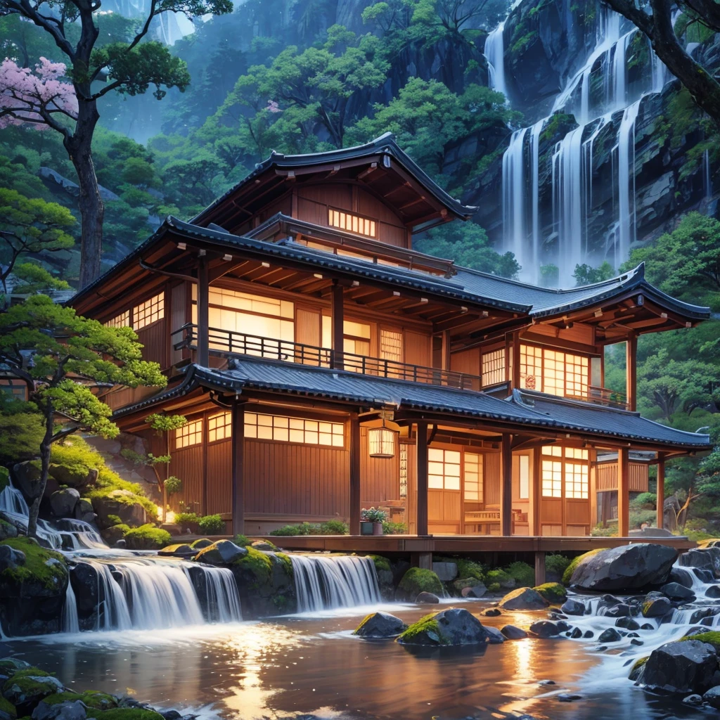 nature, Ultra realistic , night time , Sakura Tree Forest , big clear water river, waterfall in a distance, small Japan traditional house