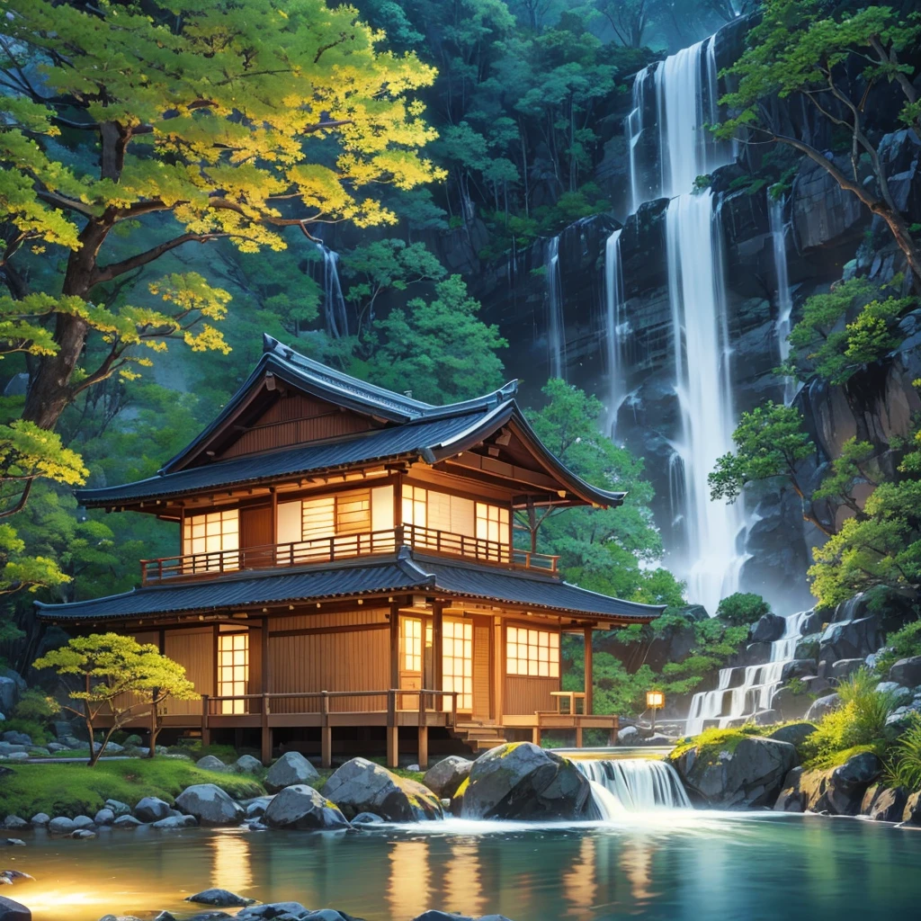 nature, Ultra realistic , night time , Sakura Tree Forest , big clear water river, waterfall in a distance, small Japan traditional house