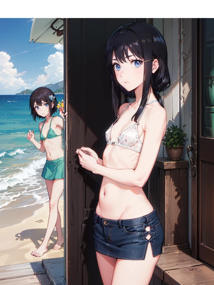 (((High resolution:1.5))), (((Very detailedな:1.5))), (((Three Girls:1.3))),((７Head to Body:1.3))、 (((beach,Outdoor、Midday light background)))、(((Happy expression))), (((smile:1.5)))、(((Beautiful and detailed eyes:1.3))), (((Very detailed))), (((Details face:1.5))), break ,sunny,(((Very delicate body:1.3)))、(((Very flat chest:1.5)))、((Small waist))、((thigh gap:1.3))、Friendly atmosphere、(from side:1.2),((((Unique hairstyles:1.5))),High leg bikini, High , White blouse, belly button, squat, mini skirt, 