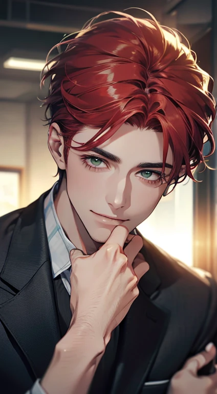 (Highest quality,4K,8K,High resolution,masterpiece:1.2),Super detailed,(Realistic,photoRealistic,photo-Realistic:1.37),1 person,31 years old,Mature Men,Beautiful skin、very handsome,Expressionless smile in love,Short gray red hair,green eyes,Sharp Eyes,A perfect face without a doubt,Businessman,Office Background,Cinema Lighting,HDR image,tie、