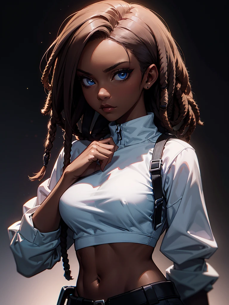 ((Portrait Photo)), She has an Athletic and Slender Appearance, with a Strong Build, Dark Skin and Relaxed Aura. She Expresses a Calm and Indifferent Look, Giving Off a Composed and Unfazed Attitude. She has Deep Blue Eyes, and Her Hair is Long and Black, with Dreadlocks Falling Over Her Forehead. She is Wearing an Oversized, White Cropped Underbust
Sweatshirt, Revealing Her Midriff. ((Portrait Photo, HDR, Dark Background))