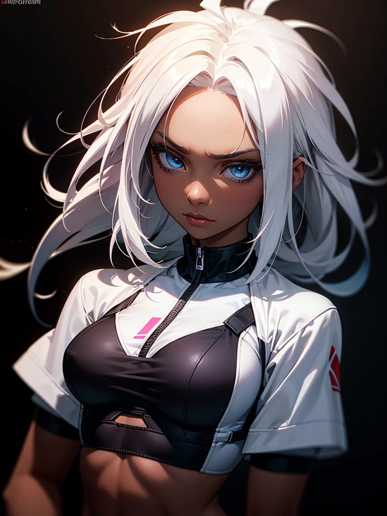 ((Portrait Photo)), She has an Athletic and Slender Appearance, with a Strong Build, Dark Skin and Relaxed Aura. She Expresses a Calm and Indifferent Look, Giving Off a Composed and Unfazed Attitude. She has Deep Blue Eyes, and Her Hair is Long and Black, with Dreadlocks Falling Over Her Forehead. She is Wearing an Oversized, White Cropped Underbust 
Sweatshirt, Revealing Her Midriff. ((Portrait Photo, HDR, Dark Background))