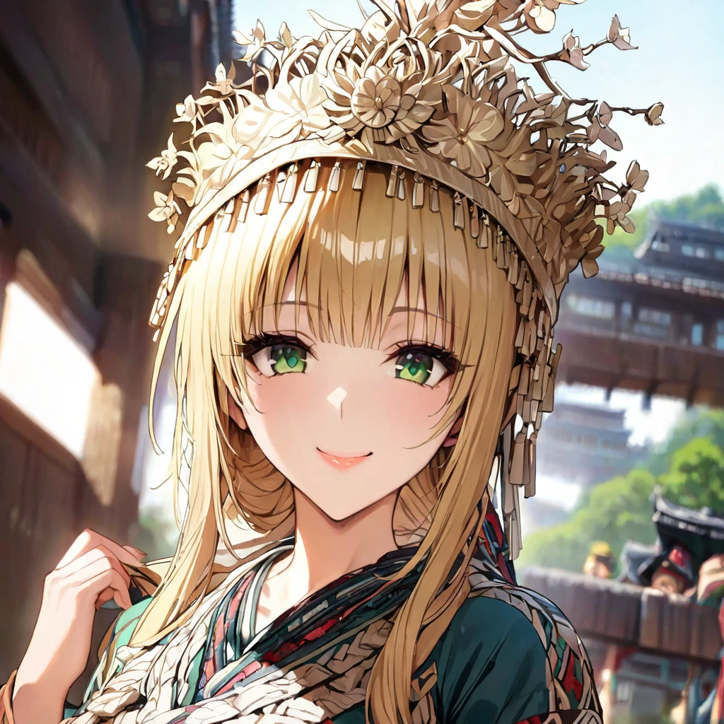((Highest quality)), ((masterpiece)), (detailed), (Perfect Face)、The woman is a Tier, with green eyes, medium blonde hair, ethnic medicine and a gorgeous hat.、Smiling with a gentle smile