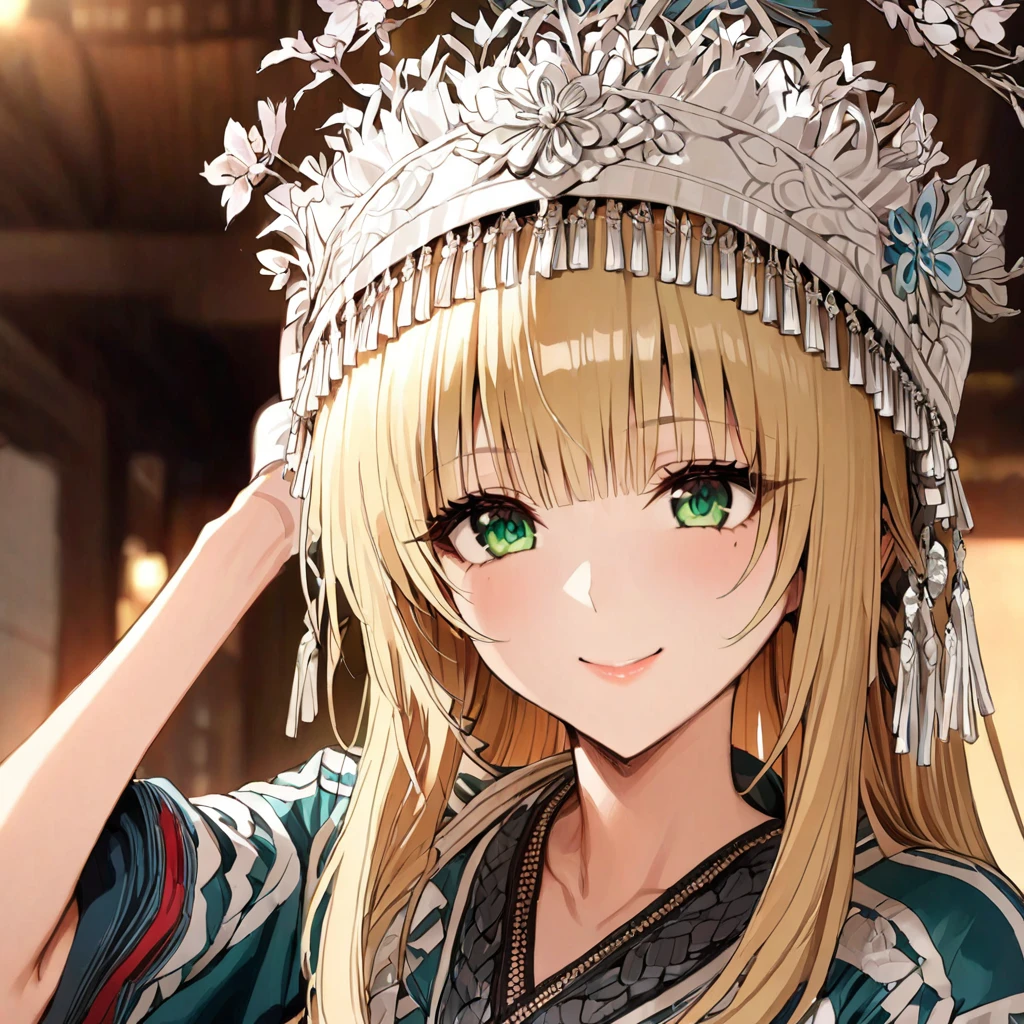 ((Highest quality)), ((masterpiece)), (detailed), （Perfect Face）、The woman is a Tier, with green eyes, medium blonde hair, ethnic medicine and a gorgeous hat.、Smiling with a gentle smile