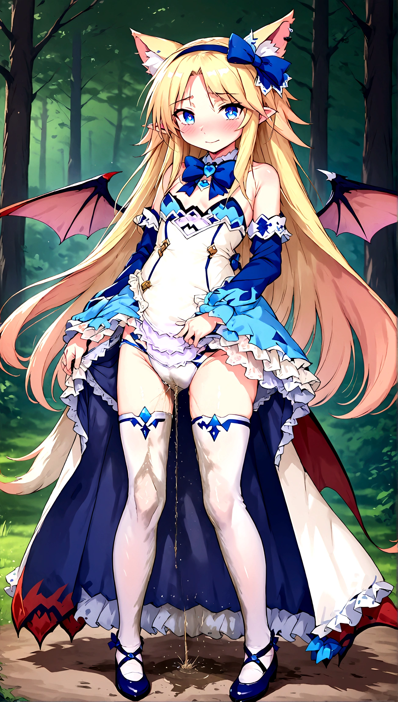 Anime. Monster Girl Encyclopedia. Alice.1 Girl. Lovely girl. . . . Succubus Clumsy. Blonde. Long hair. Blue eyes. Beautiful eyes. Perfect eyes. Expressive eyes. Ideal face. 12 yall breasts. Flat chest. Pointy ears. Ideal anatomical body. Succubus horns. Wings of a succubus. Succubus tail with a heart tip. Wants to pee. I need to pee. A strong, desperate urge to pee. Diaper. Dirty diaper. She peed herself. Blue and white children's dress from Alice in Wonderland. bows on the horns. White stockings. Shoes. Standing. Standing at full height. Standing in the forest. Standing in the middle of the forest. Beautiful character design. Shiny skin. Full body. nsfw. Scat. Official art. Extremely detailed CG Unity 8k wallpaper. Ideal lighting. Ultra high resolution 4K. Super detailed 8K. A high resolution.