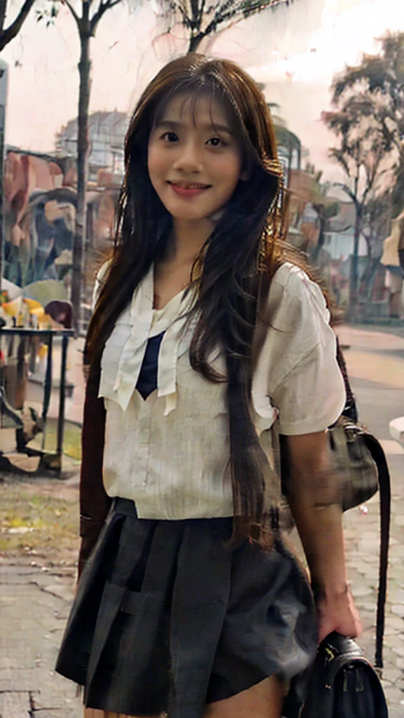 Ayu, the Indonesian woman with straight or slightly wavy dark brown hair, medium-sized expressive dark brown eyes, smooth tan or light brown skin, a moderately tall and slender figure, an oval or slightly round face, a nose that is not too prominent, and a friendly smile with neat teeth, is currently a student at a vocational high school (SMK). She is dressed in a typical Indonesian , consisting of a white blouse and a knee-length navy blue skirt, as she actively participates in school activities.