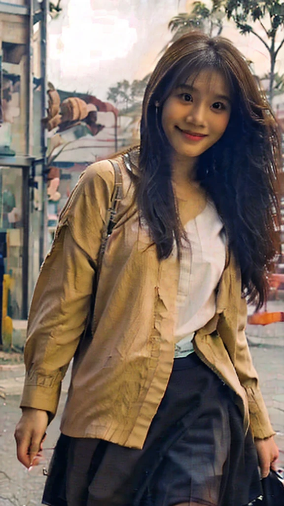 Ayu, the Indonesian woman with straight or slightly wavy dark brown hair, medium-sized expressive dark brown eyes, smooth tan or light brown skin, a moderately tall and slender figure, an oval or slightly round face, a nose that is not too prominent, and a friendly smile with neat teeth, is currently a student at a vocational high school (SMK). She is dressed in a typical Indonesian , consisting of a white blouse and a knee-length navy blue skirt, as she actively participates in school activities.