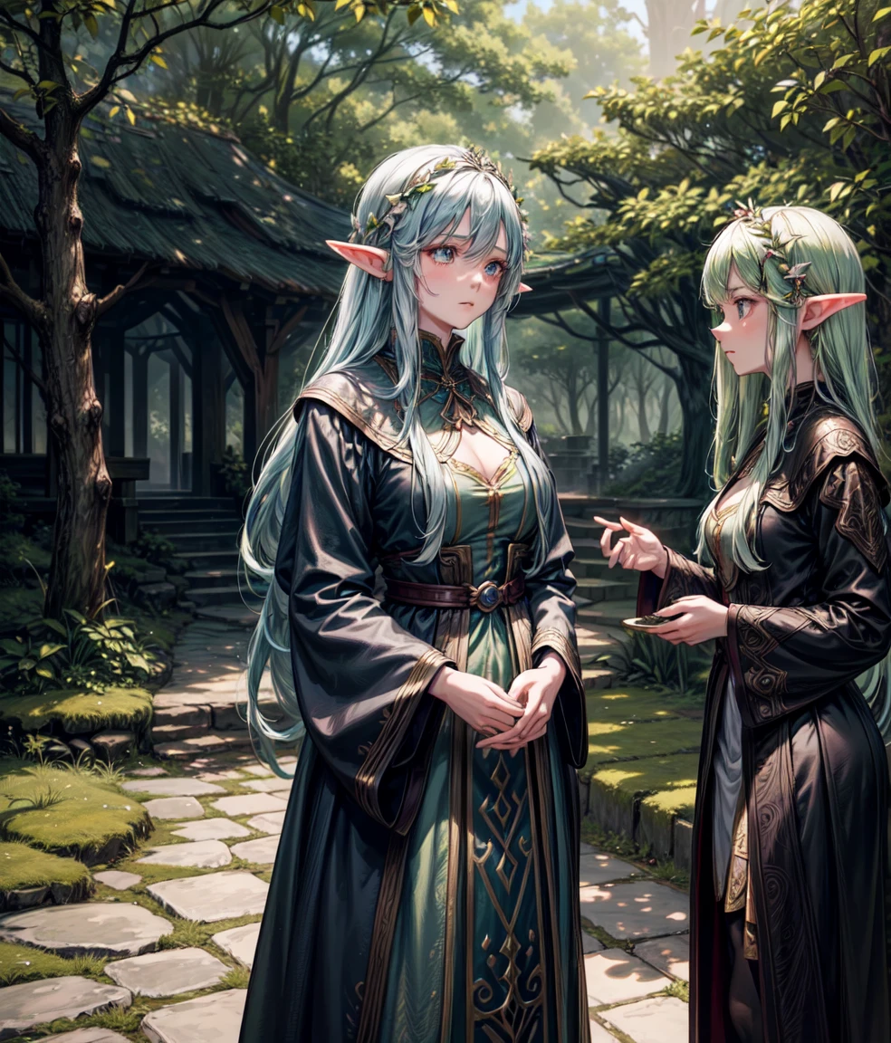 A high-quality, 4K anime scene in the style of Lord of the Rings. The setting is a hidden elf village deep within an ancient forest, bathed in the warm glow of the afternoon sun filtering through the leaves. In the center of the village, a wise, elderly elf elder with long white hair and beard is engaged in a serious conversation with a young, beautiful elf maiden. The elder's face is etched with concern, while the maiden listens intently, her expression a mix of curiosity and worry. The background features intricately detailed elven architecture, including moss-covered stone houses and towering trees adorned with glowing lanterns. The overall atmosphere is one of mystery and urgency.