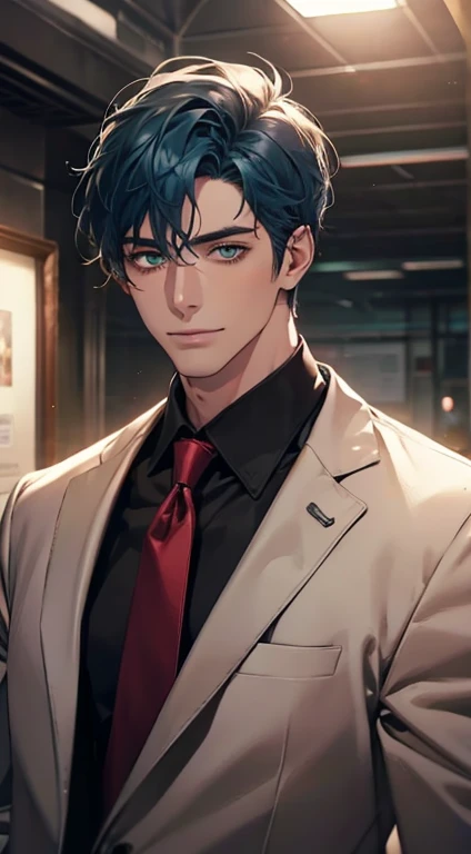 (Highest quality,4K,8K,High resolution,masterpiece:1.2),Super detailed,(Realistic,photoRealistic,photo-Realistic:1.37),1 person,34 years old,Mature Men,Beautiful skin、very handsome,Expressionless smile in love,Short blue hair,green eyes,Sharp Eyes,A perfect face without a doubt,Businessman, CEO, Office Background,Cinema Lighting,HDR image,tie、