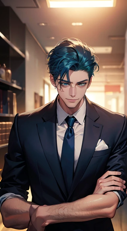 (Highest quality,4K,8K,High resolution,masterpiece:1.2),Super detailed,(Realistic,photoRealistic,photo-Realistic:1.37),1 person,34 years old,Mature Men,Beautiful skin、very handsome,Expressionless smile in love,Short blue hair,green eyes,Sharp Eyes,A perfect face without a doubt,Businessman, CEO, Office Background,Cinema Lighting,HDR image,tie、