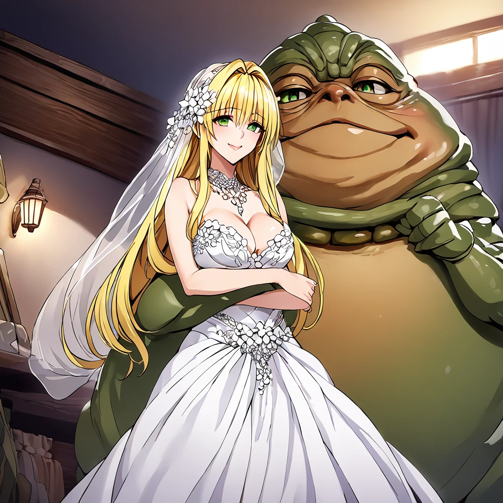 ((Highest quality)), ((masterpiece)), (detailed), （Perfect Face）、The woman is Tiare, with green eyes, medium-length blonde hair, an iron collar, and is wearing a gorgeous, jeweled vintage wedding dress and a vintage wedding veil. The woman is standing next to Jabba the Hutt at his hideout for the wedding.、Jabba the Hutt is holding a woman in his arms and having a wedding、The woman loves Jabba the Hutt and looks at him with a gentle smile.