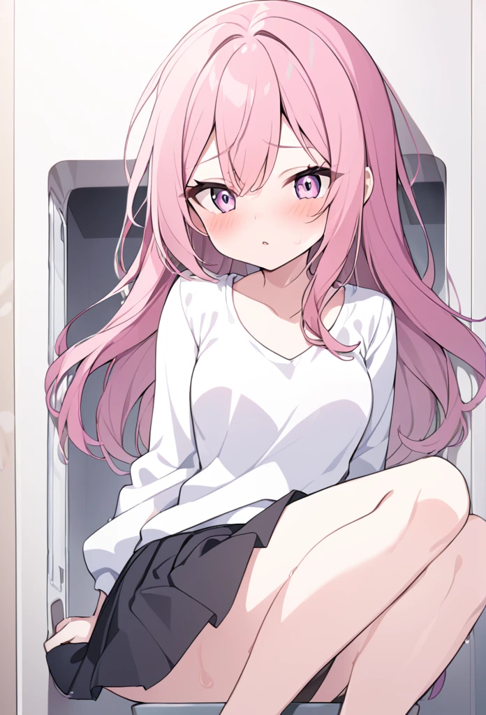 Girl, pink hair, white top and black skirt, flush