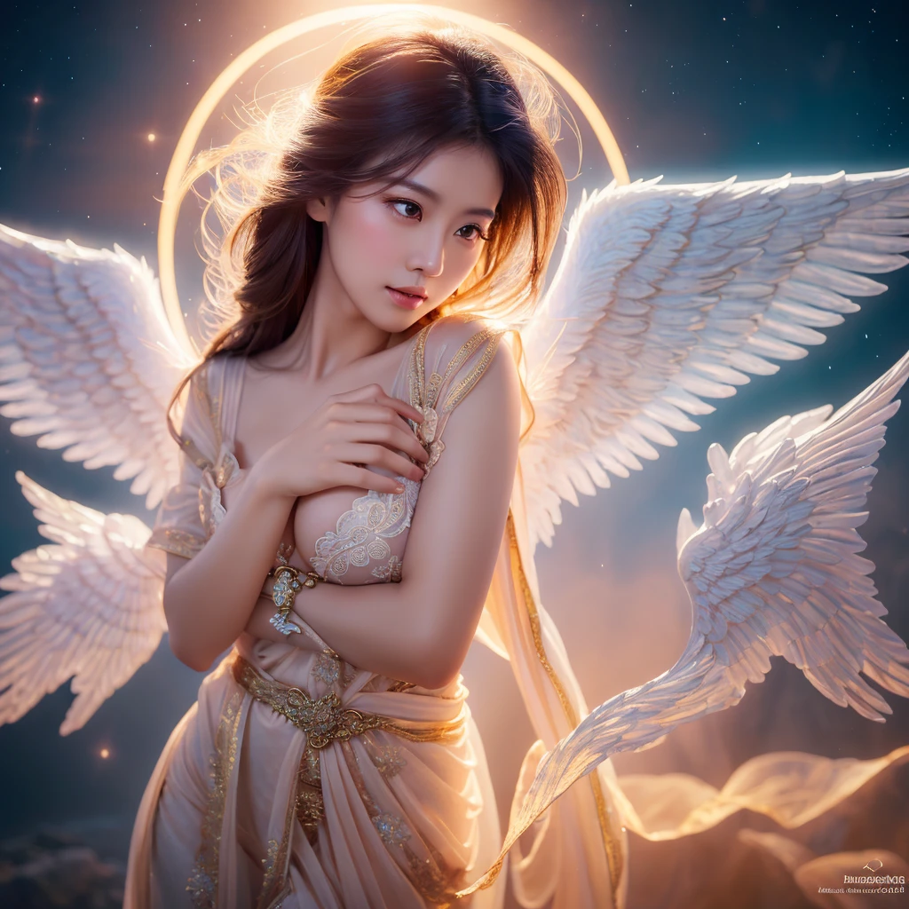 beautiful sexy asian angel, highly detailed fantasy angel, big breast, intricate angelic wings, glowing halo, ethereal expression, flowing robes, dramatic lighting, dramatic pose, serene setting, heavenly atmosphere, soft pastel colors, photorealistic, 8k, hyper detailed, cinematic lighting, masterpiece, digital art