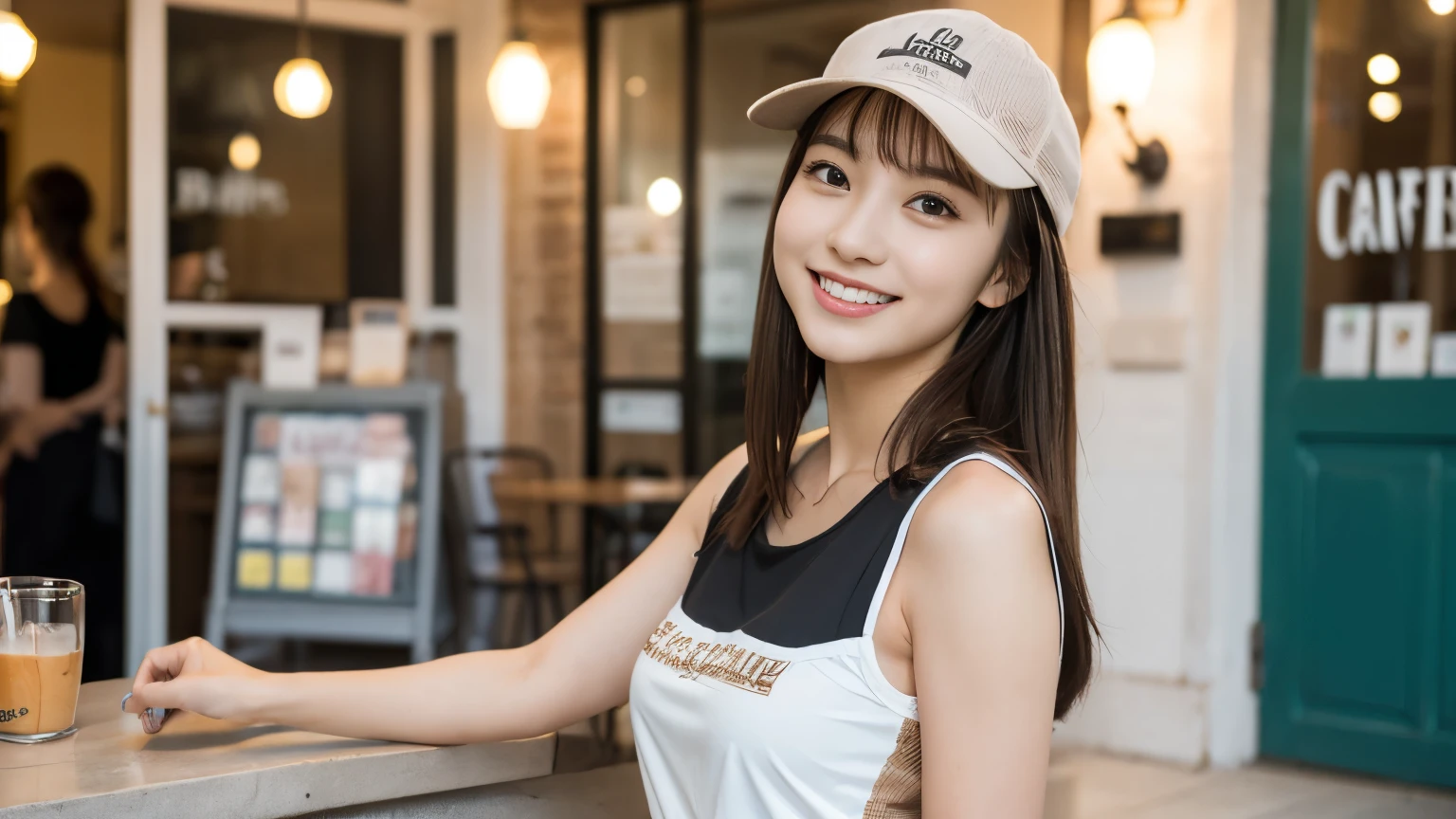 super high quality, Slenderのネックレス, Slender, Gravure photoshoot, The staff is working at the counter in the back., (8K、RAW Photos、Highest quality、masterpiece:1.2), Japanese Idol, Sportswear, Stylish café, The cafe is crowded with people enjoying themselves., (Realistic、Photorealistic:1.37), Mesh Hair, Wearing a cap, Urban Cafe, Golden Ratio, Raw photo, Cute face , Light Brown Hair, Small breasts, Bright cafe interior, Summer clothes, Cafe Terrace, Open Cafe, A kind smile, Hair blowing in the wind, Neat clothes, boyish, Very Short Hair, 18-year-old, younger sister, Stylish clothes,