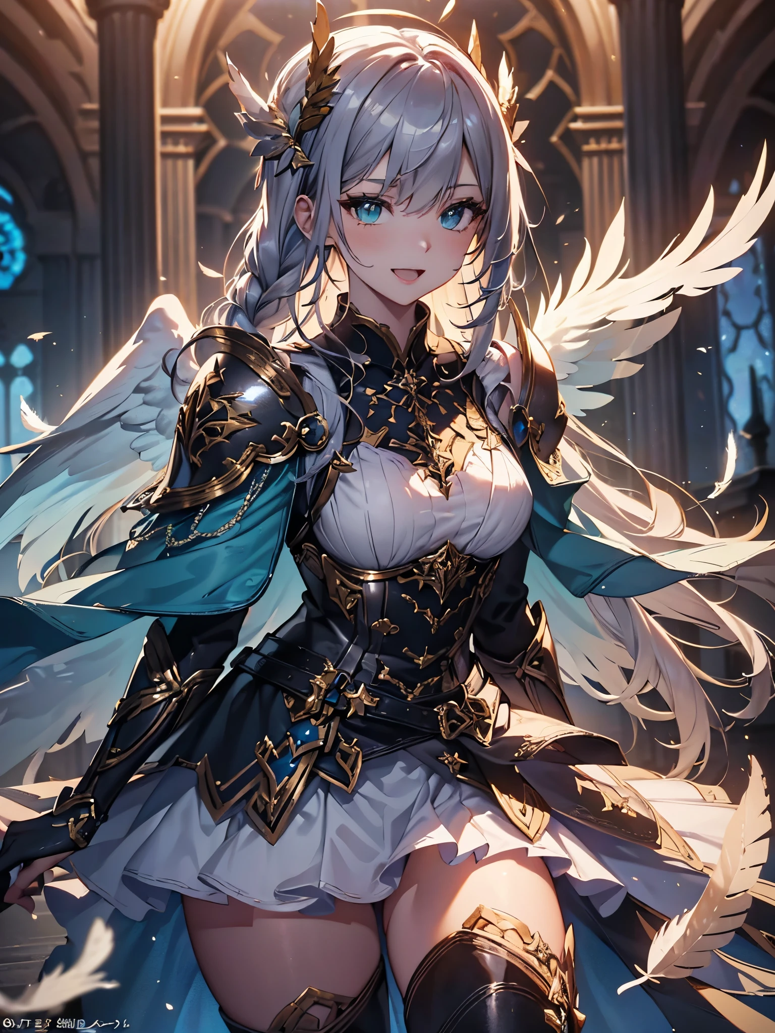 (Official art、Best Quality、Unity 8k Wallpapers、32K、masterpiece、ultra-detailliert、超A high resolution、The best illustrations、Very ridiculous:1.2)、(Cinematic lighting:1.2)、Fireglow effect、film grains、Best Shadows、Rim lighting、side lights、(Ultra-detailed and complex 3D rendering)、Detailed beautiful face and eyes、Sharp pupils、Realistic pupils、A slender、1Man Woman、Medium bust、(Full body:1.2)、 beauitful face、16-year-old beautiful girl、(super detailed skin、detailed skin textures:1.3)、(silver blond、Blue-silver hair:1.3)、Paladin、Longhaire、Blunt bangs、Green eyes、3 braids in 1 bunch、(Blue Armor、Blue Boots、Blue helmet、Jeweled、Gold embroidery)、A slender、a miniskirt、(thighs thighs thighs thighs:0.8)、(chies、in a house、Artistic stained glass、Large pipe organ、Hello Point、Mystical、a lot of feathers float、angelicales、Wings of an angel on the back、Particles of light、solemnity、Sunlight is、colourfull、Fantastical:1.2)、(Fantastical:1.3)、(Holding the Holy Sword:1.0)、Fantastical、Smile with open mouth