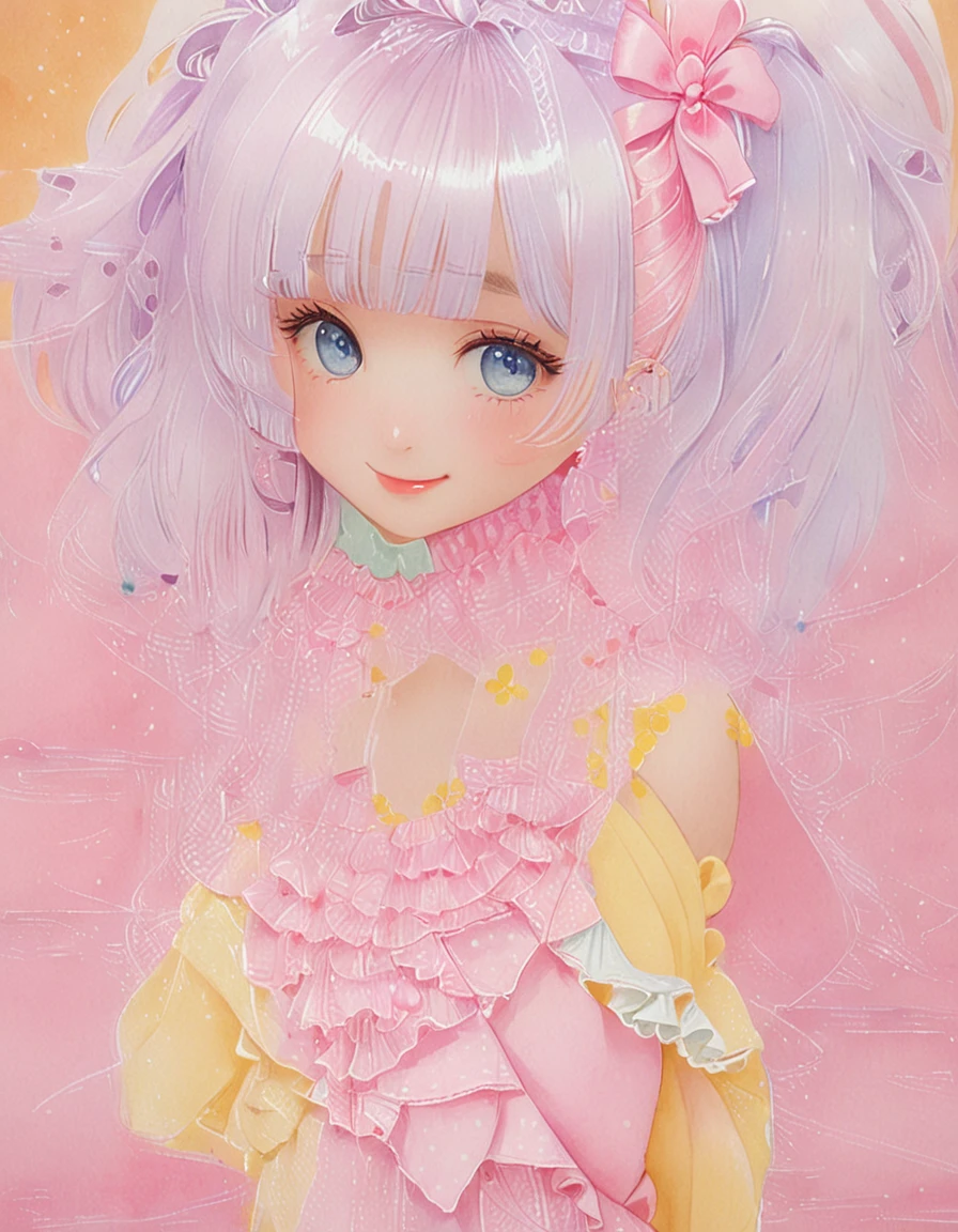 (watercolor:1.2), (close up face), best quality, masterpiece, extremely cute and tender girl, cute pose, sweet smile, (petite), beautiful tender eyes symmetrical, (beautiful and detailed face), beautiful long twintail hair, (pastel pink hair:1.3), blunt bangs, nice hands, perfect hands, (summer fountain terrace:1.3), sweet cake-inspired motif frilly sundress, a lot of frills, frilly sleeves, kawaiitech, pastel colors, kawaii, cute colors