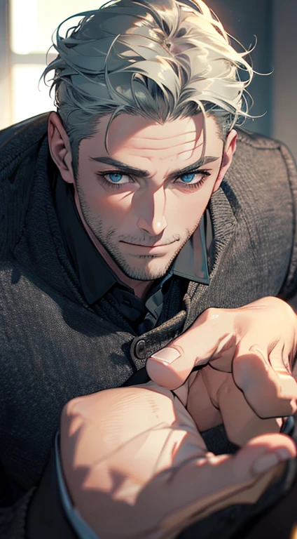 (best quality,4k,8k,highres,masterpiece:1.2),ultra-detailed,(realistic,photorealistic,photo-realistic:1.37),1 man,31 years old,mature man,very handsome,without expression,smile,short grey green hair,blue eyes,penetrating gaze,perfect face without errors,imposing posture,businessman,office background,cinematic lighting,hdr image