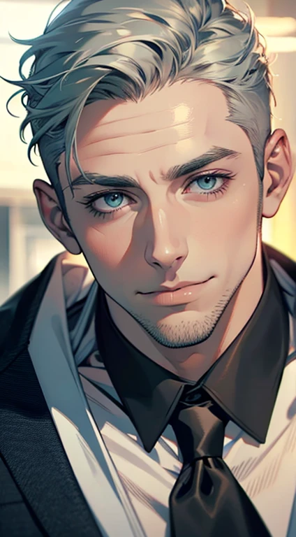 (best quality,4k,8k,highres,masterpiece:1.2),ultra-detailed,(realistic,photorealistic,photo-realistic:1.37),1 man,31 years old,mature man,very handsome,without expression,smile,short grey green hair,blue eyes,penetrating gaze,perfect face without errors,imposing posture,businessman,office background,cinematic lighting,hdr image