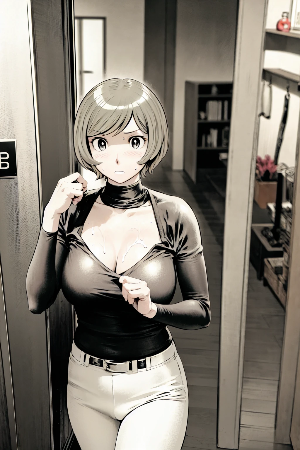 、(masterpiece、Highest quality)、Highest quality, Ultra-high resolution, (((masterpiece))), alone, Sweat、Big eyes,Tight black shirt、Tight white pants、belt、indoor、Composition from the front、(Cut the back hair short、short hair、blonde、woman)、Shortcuts、Embarrassed face、Cut your hair short、可愛いwomanの子、Big Breasts、office