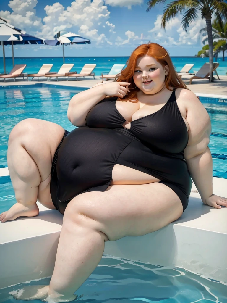 A happy travelling photo of a young redhead ssbbw with long ginger hair, very soft fat belly, very obese legs, thick fat wide legs and fat arms, huge wide butt, cute pretty face, fat breasts, in a black swimming-dress laying on a poolside