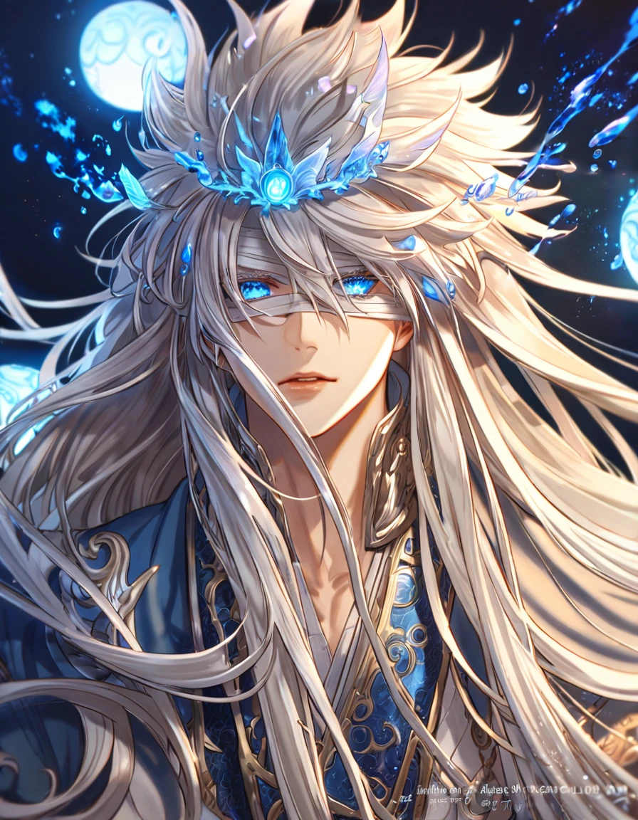 absurdres, highres, ultra detailed, HDR, master piece, best quality, extremely detailed face, delicated features, Xinren, untamed spiky hair, white long hair, hair between the eyes, expressive blue eyes, white eyelashes, Thousand Years War, sexy man, solo, handsome, toned chest, white robes, accessories, patterns, blue sky, silver butterflies, blue spider lilies, fantasy, magical, radiant