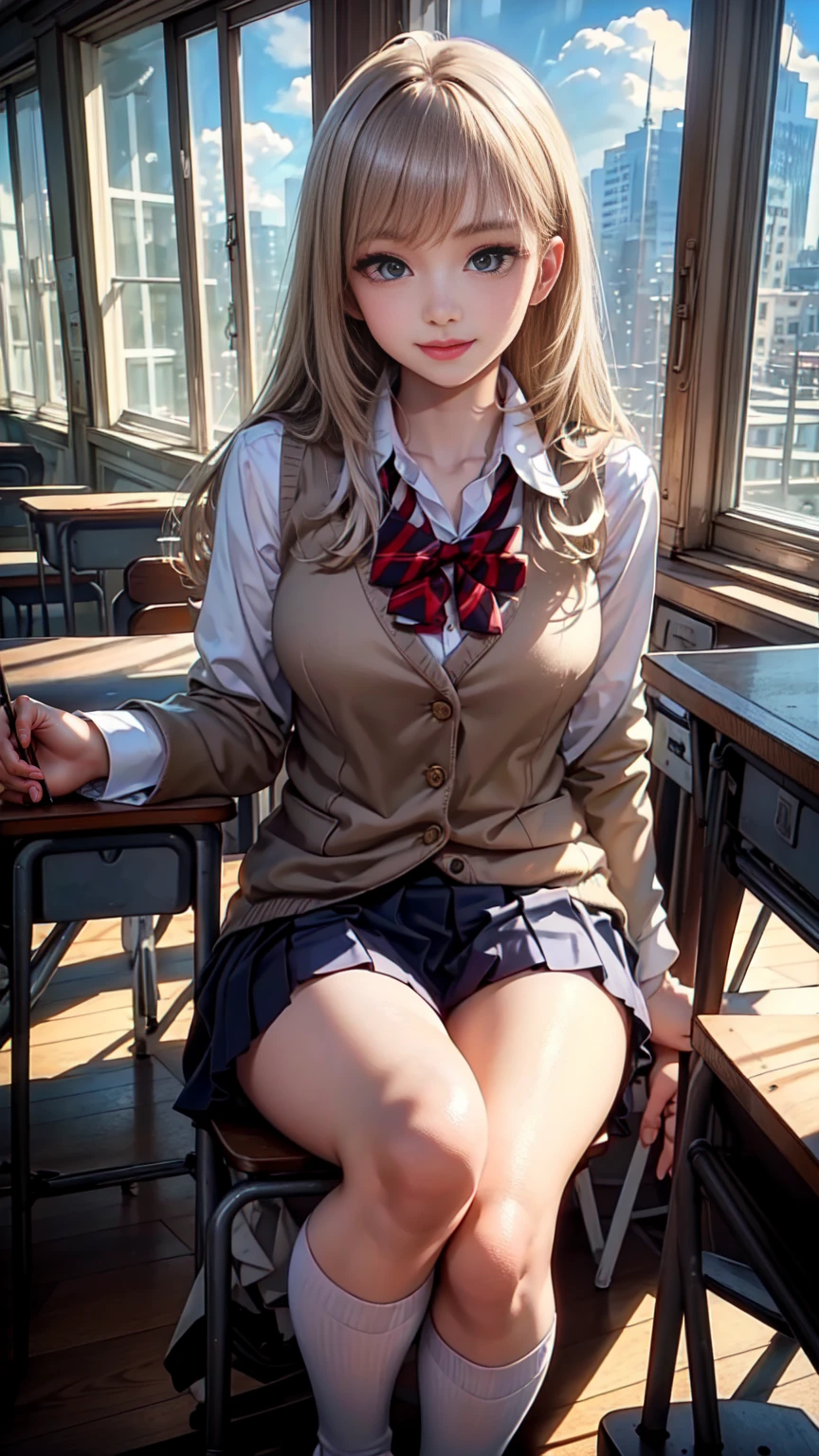 (masterpiece:1.3, Highest quality, Ultra-high resolution, Super detailed), (Realistic, photoRealistic:1.4), Beautiful illustrations, Perfect lighting, Natural light, Depth of written boundary, ,
Beautiful detailed hair, Beautifully detailed face, Beautiful attention to detail, Beautiful clavicle, Beautiful body, Beautiful breasts, Beautiful thighs, Beautiful feet, Beautiful Hands,
View your viewers, (Face Focus), 1 Girl, high school girl, Alisa Kujou, (Perfect Anatomy, Anatomically correct), Cute and symmetrical face, , Perfect Face, Perfect Eyes, Shiny skin,
(Long Hair, Straight hair, Sideburns, Silver Hair), Crossed bangs, Ahoge, blue eyes, Slanted Eyes, Long eyelashes, (Medium chest, Captivating thighs), thin, Excellent style,
(school uniform, Long sleeve light brown blazer, Grey vest, Grey pleated skirt with white lines, White collared shirt, White thigh-high socks with gold lines), Red bow tie,
(Beautiful views), evening, (School classroom:1.2), (Cute smile, Part your lips),