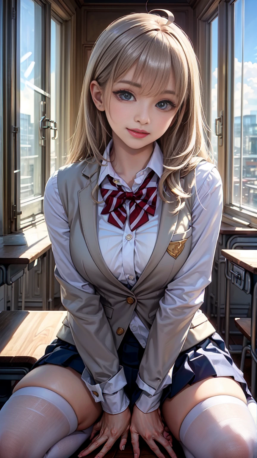 (masterpiece:1.3, Highest quality, Ultra-high resolution, Super detailed), (Realistic, photoRealistic:1.4), Beautiful illustrations, Perfect lighting, Natural light, Depth of written boundary, , 
Beautiful detailed hair, Beautifully detailed face, Beautiful attention to detail, Beautiful clavicle, Beautiful body, Beautiful breasts, Beautiful thighs, Beautiful feet, Beautiful Hands, 
View your viewers, (Face Focus), 1 Girl, high school girl, Alisa Kujou, (Perfect Anatomy, Anatomically correct), Cute and symmetrical face, Baby Face, Perfect Face, Perfect Eyes, Shiny skin, 
(Long Hair, Straight hair, Sideburns, Silver Hair), Crossed bangs, Ahoge, blue eyes, Slanted Eyes, Long eyelashes, (Medium chest, Captivating thighs), thin, Excellent style, 
(school uniform, Long sleeve light brown blazer, Grey vest, Grey pleated skirt with white lines, White collared shirt, White thigh-high socks with gold lines), Red bow tie, 
(Beautiful views), evening, (School classroom:1.2), (Cute smile, Part your lips), 