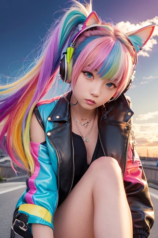 Flowers、Rainbow Hair、Headphones、Cat ear、Seven-colored hair、leather jacket,Flowers and sky background、Young Face、Huge 、ponytail、Round 1、necklace、jewelry、Tank top、whole body、Between the legs
