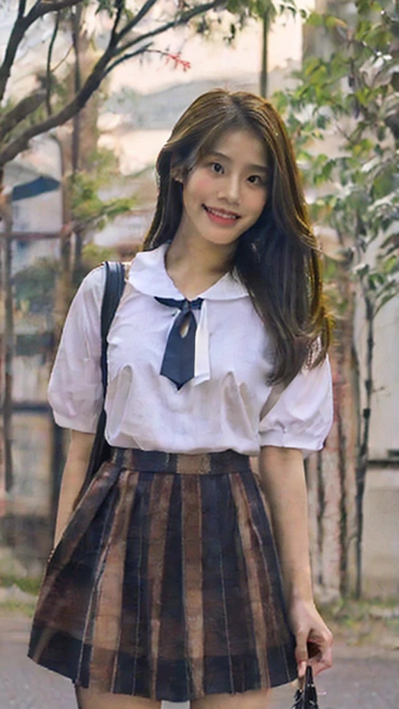Ayu, the Indonesian woman with straight or slightly wavy dark brown hair, medium-sized expressive dark brown eyes, smooth tan or light brown skin, a moderately tall and slender figure, an oval or slightly round face, a nose that is not too prominent, and a friendly smile with neat teeth, is currently a student at a vocational high school (SMK). She is dressed in a typical Indonesian , consisting of a white blouse and a knee-length navy blue skirt, as she actively participates in school activities.