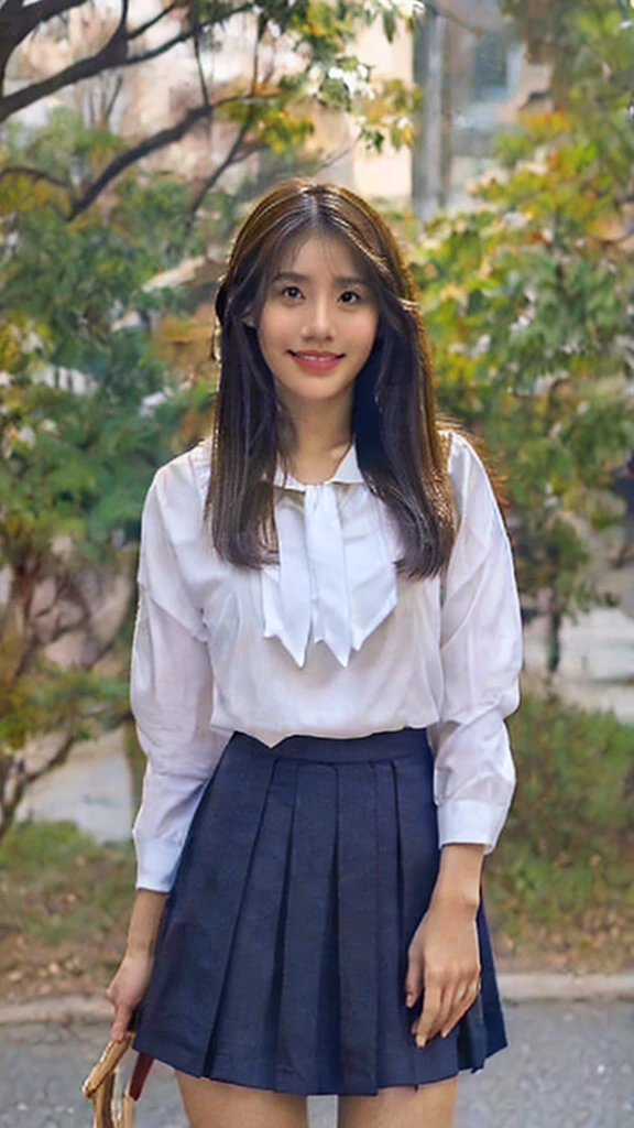 Ayu, the Indonesian woman with straight or slightly wavy dark brown hair, medium-sized expressive dark brown eyes, smooth tan or light brown skin, a moderately tall and slender figure, an oval or slightly round face, a nose that is not too prominent, and a friendly smile with neat teeth, is currently a student at a vocational high school (SMK). She is dressed in a typical Indonesian , consisting of a white blouse and a knee-length navy blue skirt, as she actively participates in school activities.