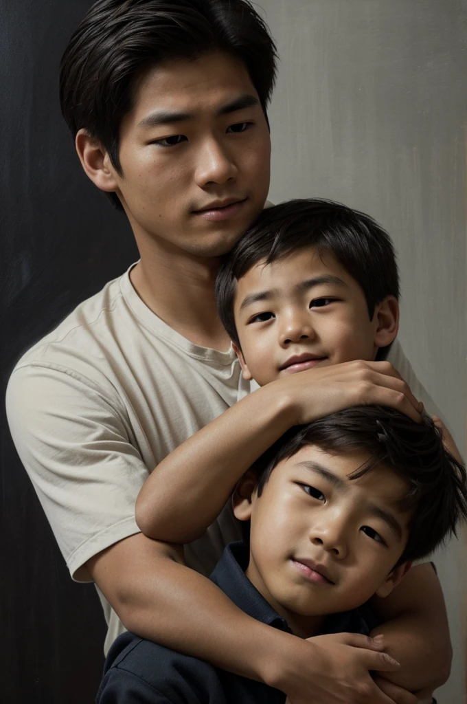 A boy with short brown hair who looks East Asian, the person whose hands are the only one visible in the picture grabs the boy's neck and squeezes hard, the boy's face is clearly in pain, but there is no struggle. He cannot be seen, the image is dark and the space is dark and black, only black charcoal was used in the painting, and for this reason the face and parts of the painting are blurred and imperceptible.