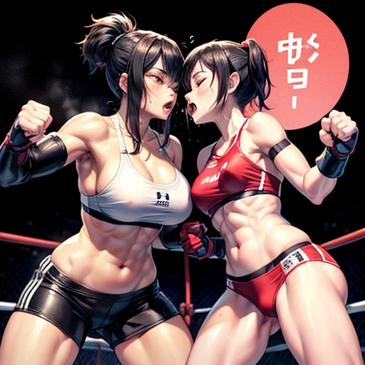 Two injured Japanese sexy musclar female heavy weight mixed martial artists fighting in the ring。Short black hair。Glaring at someone。They are pushing opponent's body by fist so hard each other violently. Drooling from the mouth。One eye closed。Serious expression。A fighting expression。Drenched in sweat。A well-trained body。Six Pack Abs。very huge breasts。Erect nipples。Open Finger Gloves。shortness of breath。sports-bra. bikini.knee high sox. arm cover. Very thick thighs and arms.